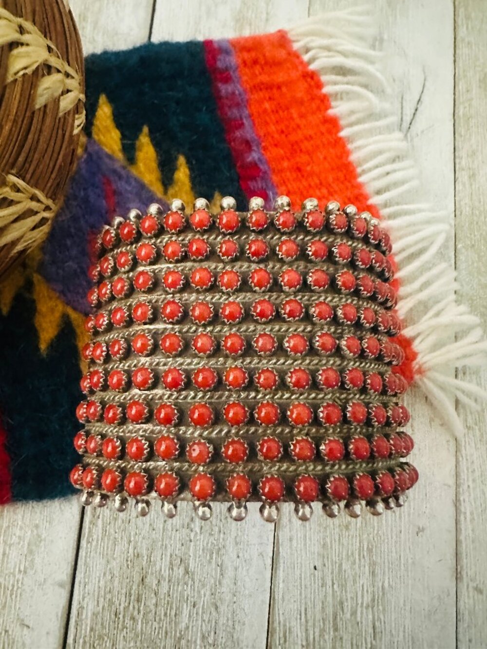 Handcrafted Coral & Sterling Silver Cluster Cuff Bracelet